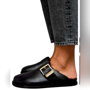 All Saints Black Mules with Gold Buckle